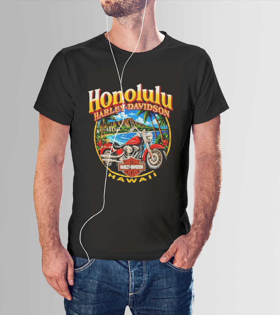 Honolulu Hawaii Harley Davidson Motorcycles Scenic Beach And Red Bike T-Shirt