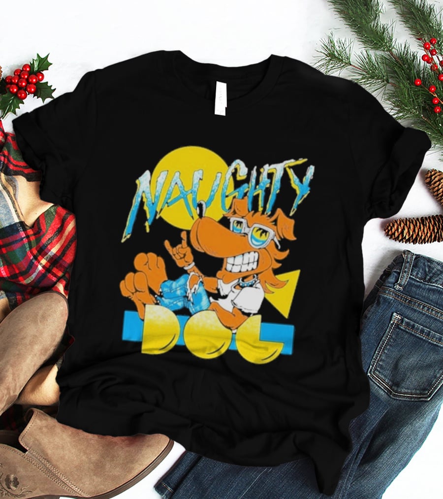 Naughty Dog Retro Cartoon Character With Sunglasses And Sunburst T-Shirt