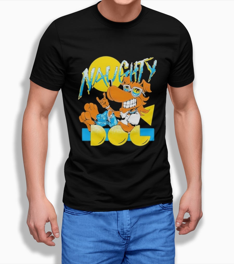 Naughty Dog Retro Cartoon Character With Sunglasses And Sunburst T-Shirt
