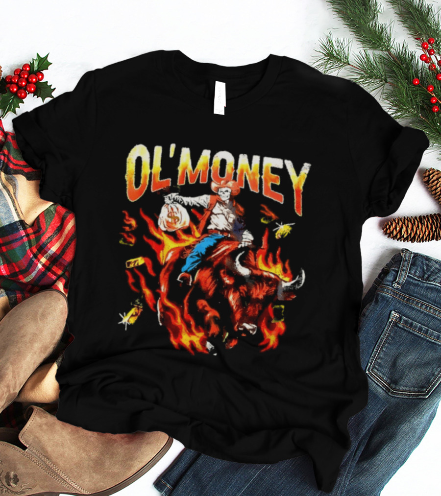 Ol' Money RSN Brand Skeleton Cowboy Riding Flaming Bull T-Shirt