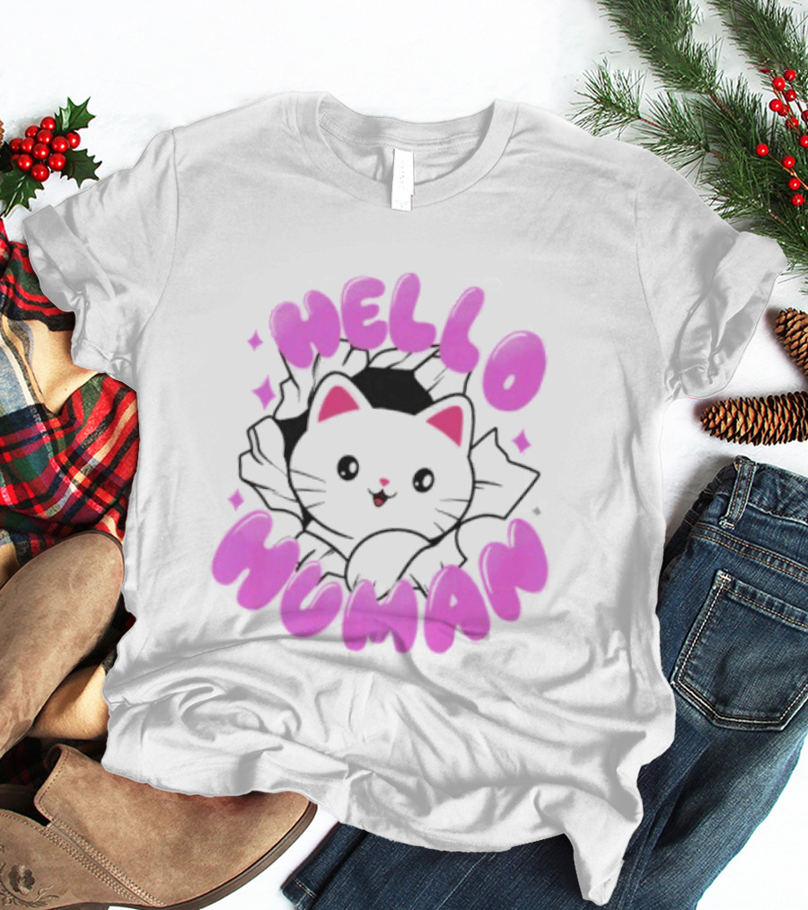 Hello Human Kawaii Cat Kitten Cute Pink T-Shirt