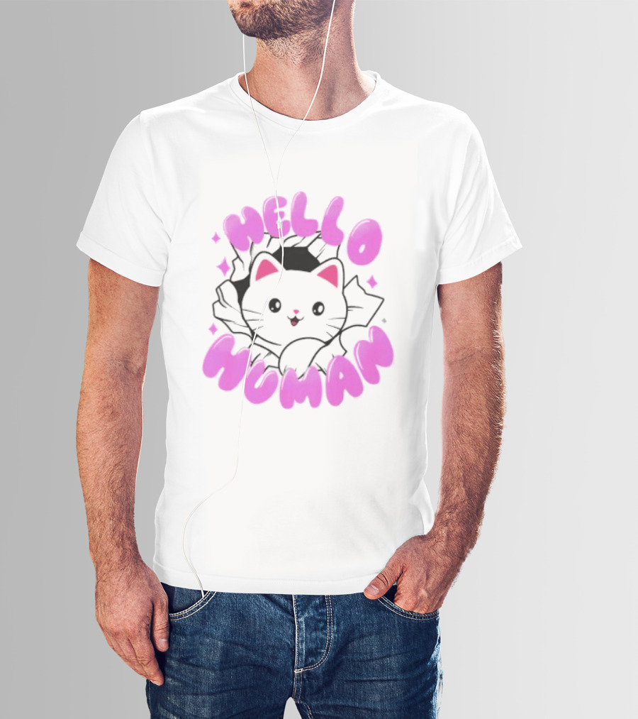 Hello Human Kawaii Cat Kitten Cute Pink T-Shirt
