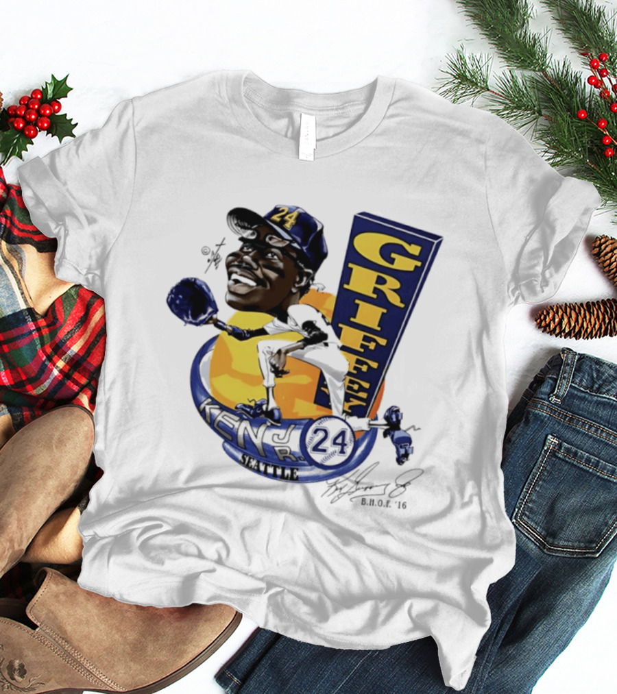 Ken Griffey Jr 24 Seattle Baseball Caricature Bruce Stark Signature T-Shirt