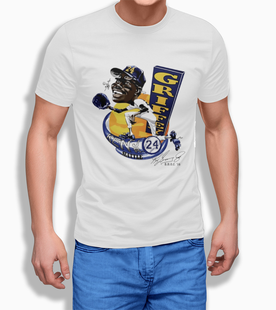 Ken Griffey Jr 24 Seattle Baseball Caricature Bruce Stark Signature T-Shirt