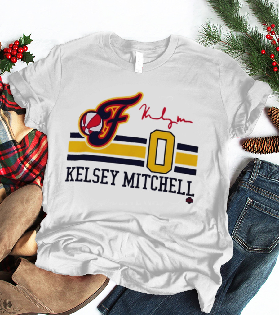 Kelsey Mitchell Indiana Fever No. 0 F Logo And Signature T-Shirt