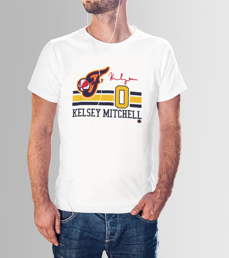 Kelsey Mitchell Indiana Fever No. 0 F Logo And Signature T-Shirt