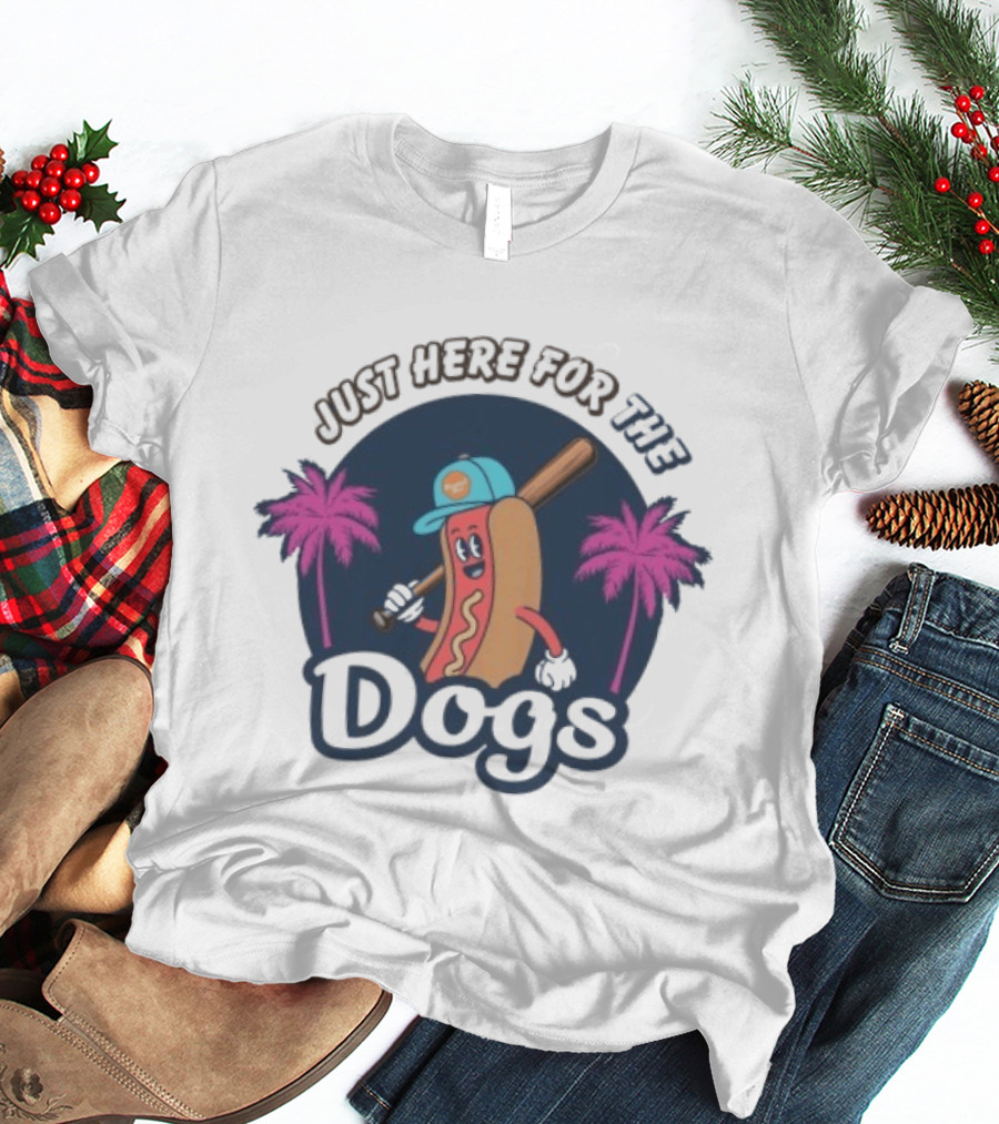 Just Here For The Dogs Cartoon Hot Dog Baseball Palm Trees T-Shirt