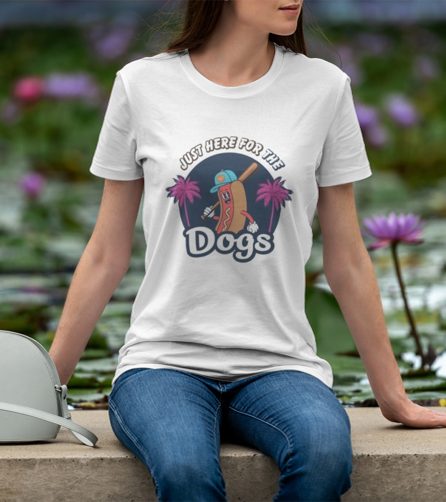 Just Here For The Dogs Cartoon Hot Dog Baseball Palm Trees T-Shirt