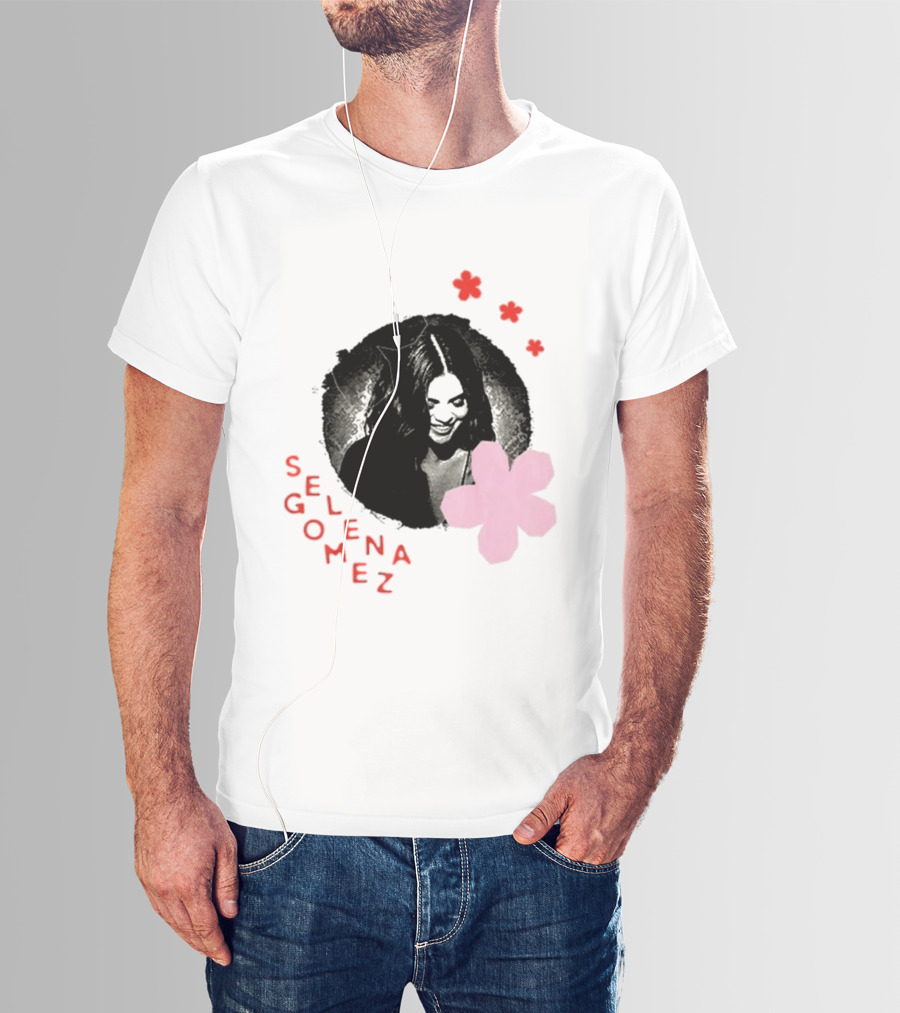 Selena Gomez Smile With Pink Paper Flower And Red T-Shirt
