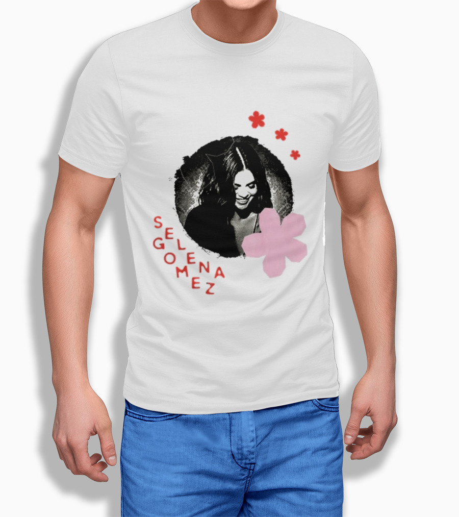 Selena Gomez Smile With Pink Paper Flower And Red T-Shirt