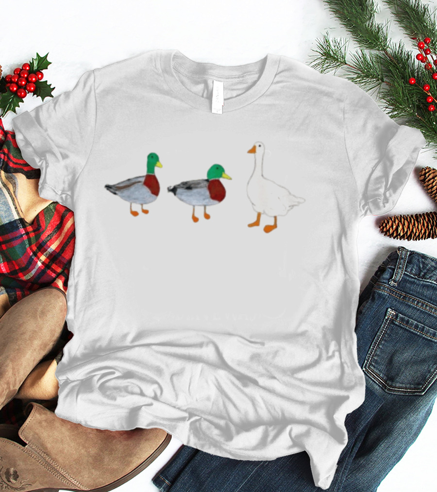Two Mallard Ducks And A White Goose Duck Wildlife Scene T-Shirt