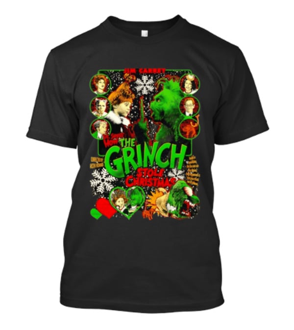 Jim Carrey Dr Seuss How The Grinch Stole Christmas Movie With Characters And Snowflakes T-Shirt