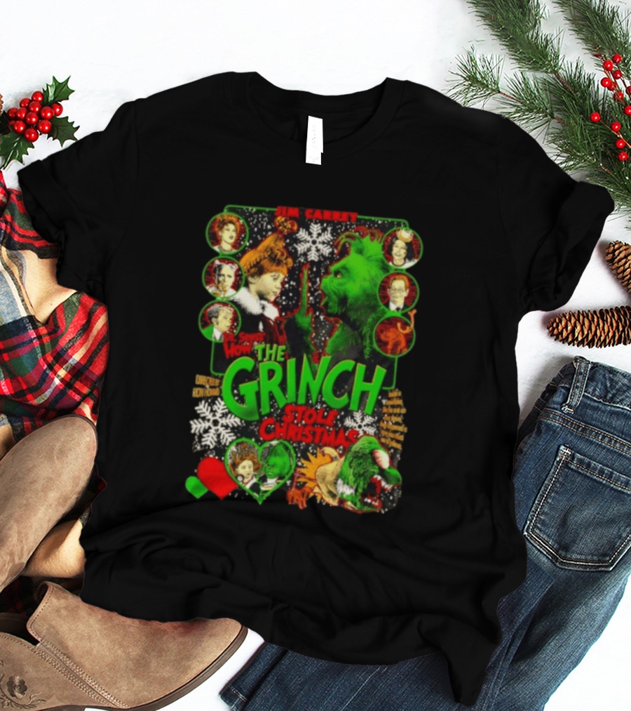 Jim Carrey Dr Seuss How The Grinch Stole Christmas Movie With Characters And Snowflakes T-Shirt