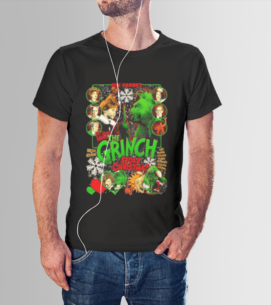 Jim Carrey Dr Seuss How The Grinch Stole Christmas Movie With Characters And Snowflakes T-Shirt