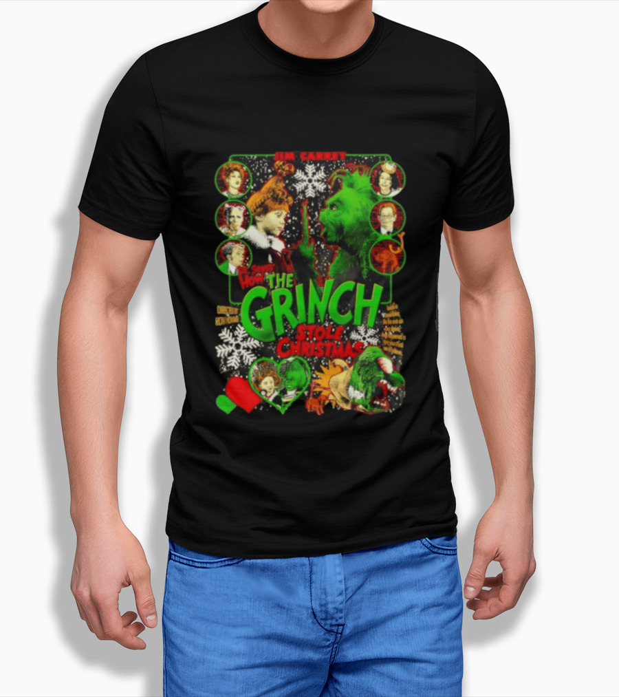 Jim Carrey Dr Seuss How The Grinch Stole Christmas Movie With Characters And Snowflakes T-Shirt