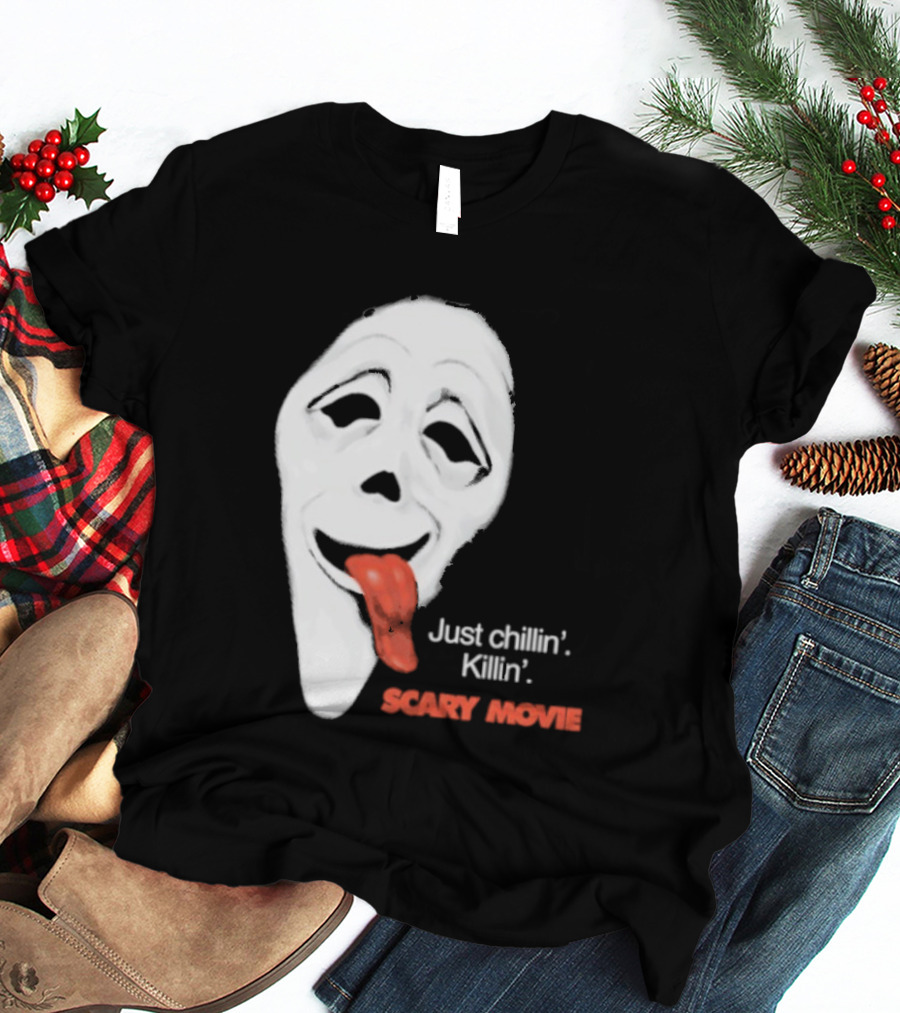 Just Chillin' Killin' Scary Movie Ghostface Mask With Red Tongue T-Shirt