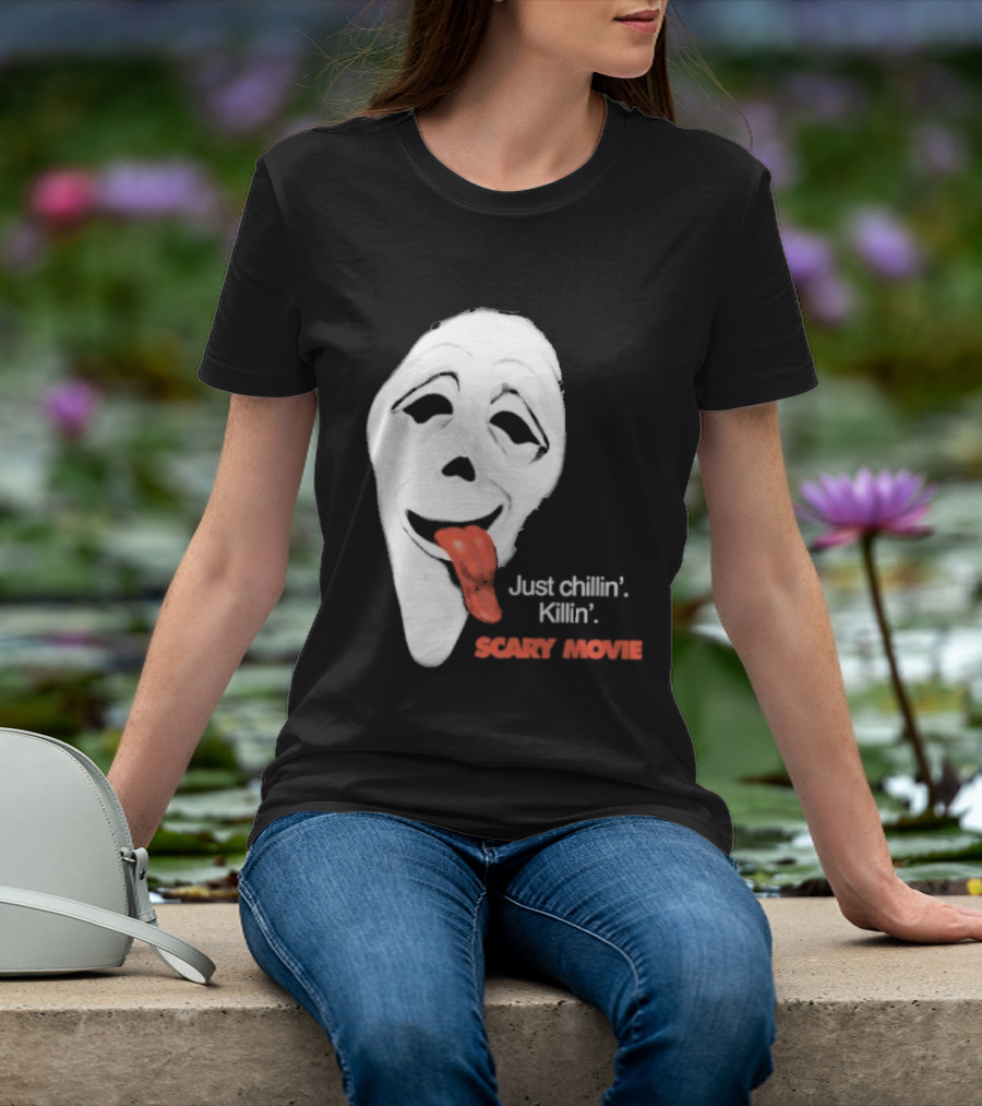 Just Chillin' Killin' Scary Movie Ghostface Mask With Red Tongue T-Shirt