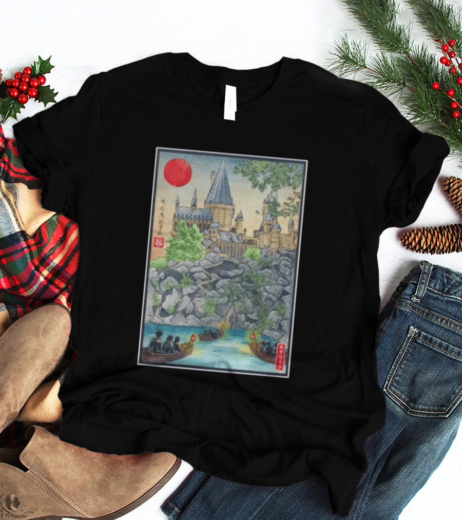 Hogwarts School Of Witchcraft And Wizardry Japanese Ukiyo E Style Castle With Boats And Red Sun T-Shirt