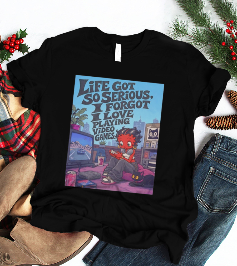 Life Got So Serious I Forgot I Love Playing Video Games City Room Scene Retro Character And Cat T-Shirt