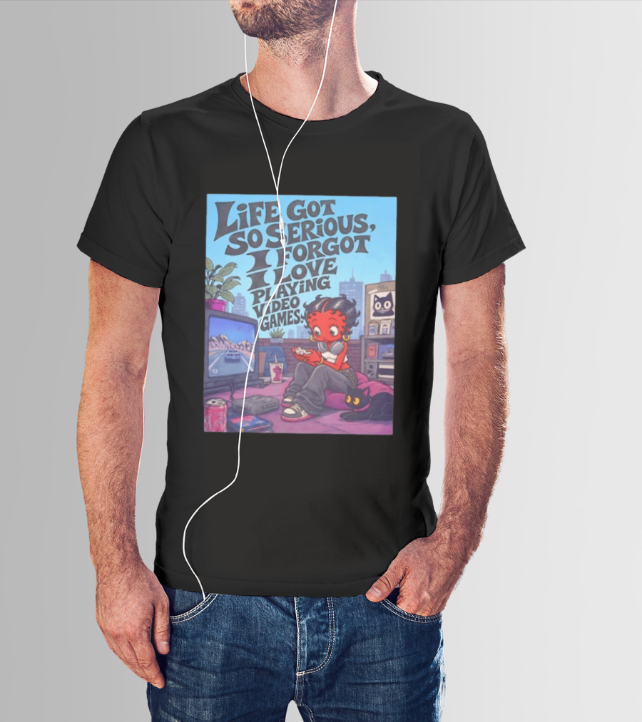 Life Got So Serious I Forgot I Love Playing Video Games City Room Scene Retro Character And Cat T-Shirt
