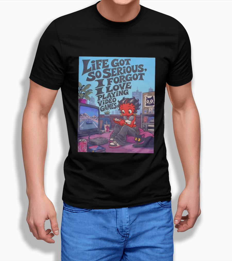 Life Got So Serious I Forgot I Love Playing Video Games City Room Scene Retro Character And Cat T-Shirt