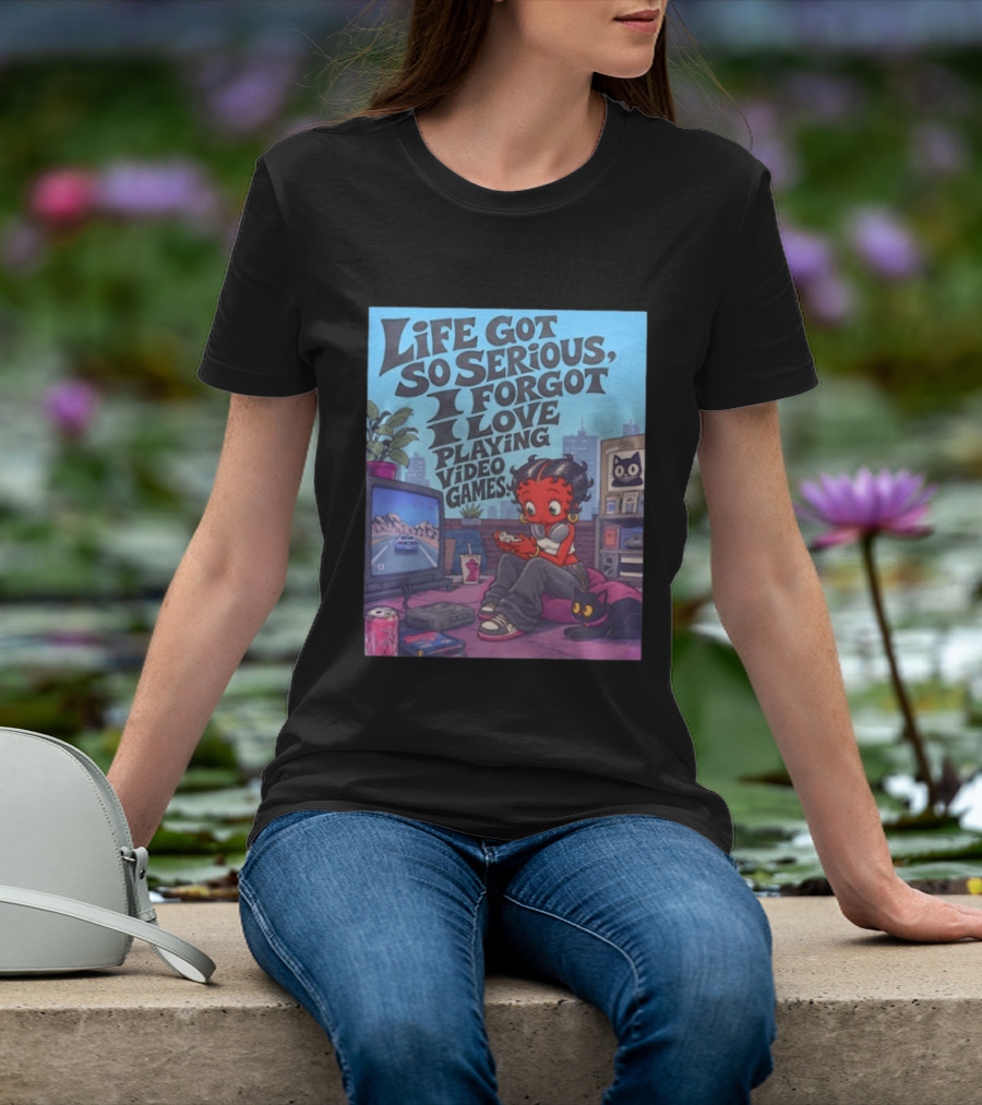 Life Got So Serious I Forgot I Love Playing Video Games City Room Scene Retro Character And Cat T-Shirt