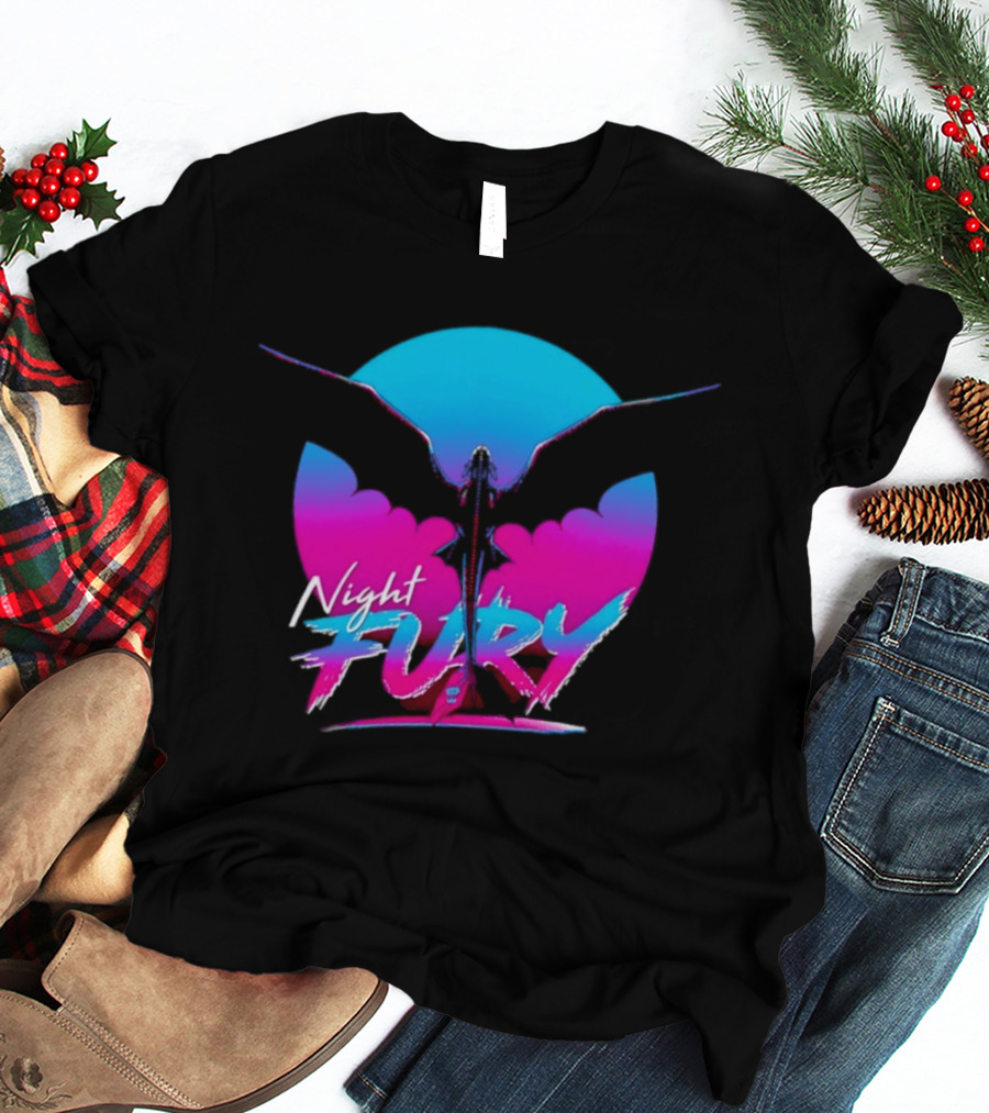 Night Fury Dragon Silhouette Neon Blue And Pink T-Shirt