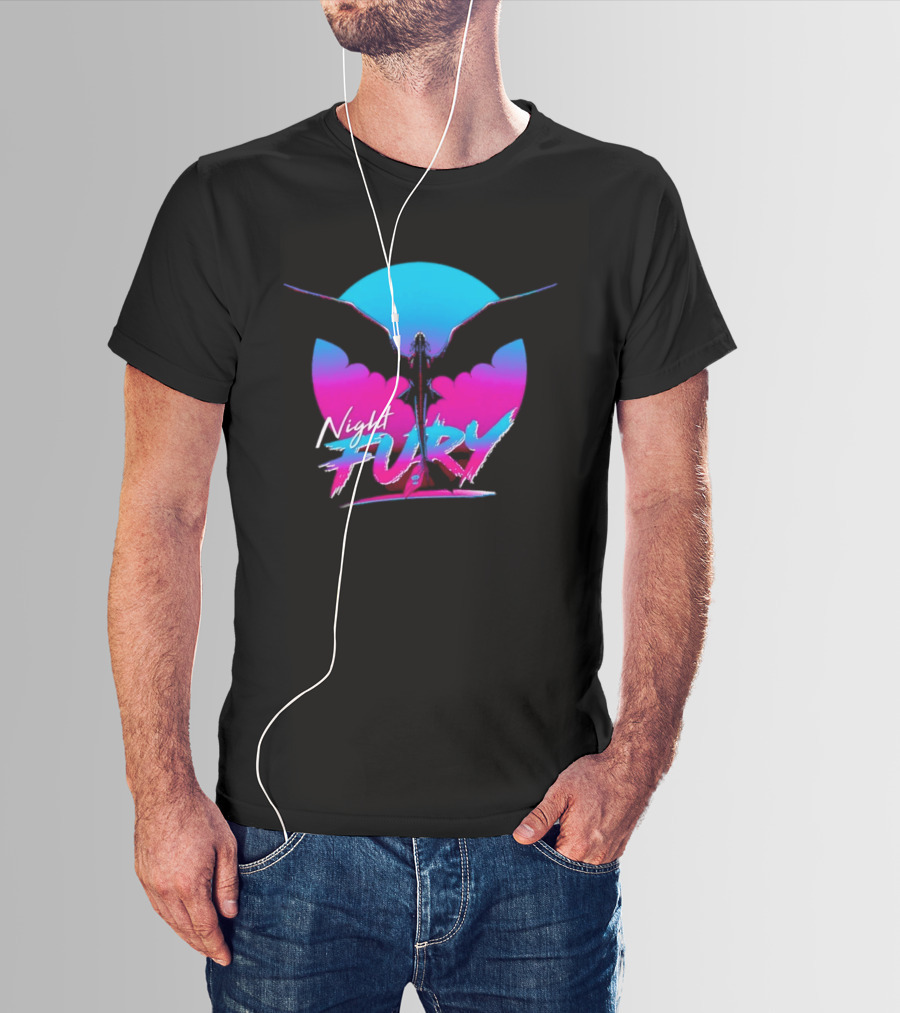 Night Fury Dragon Silhouette Neon Blue And Pink T-Shirt