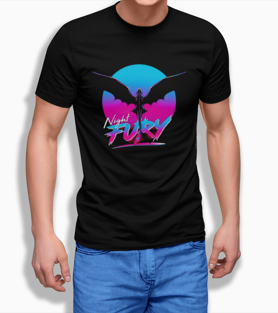 Night Fury Dragon Silhouette Neon Blue And Pink T-Shirt