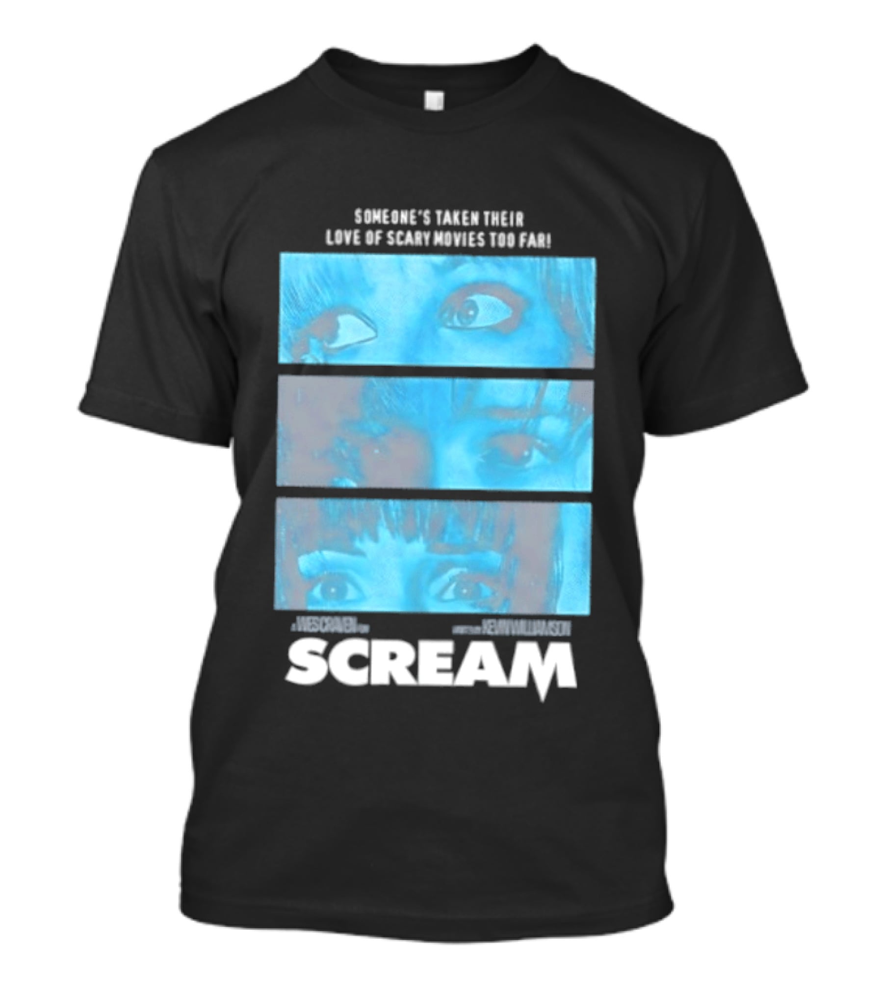 Someone's Taken Their Love Of Scary Movies Too Far Scream Eyes Dramatic Blue Panels T-Shirt