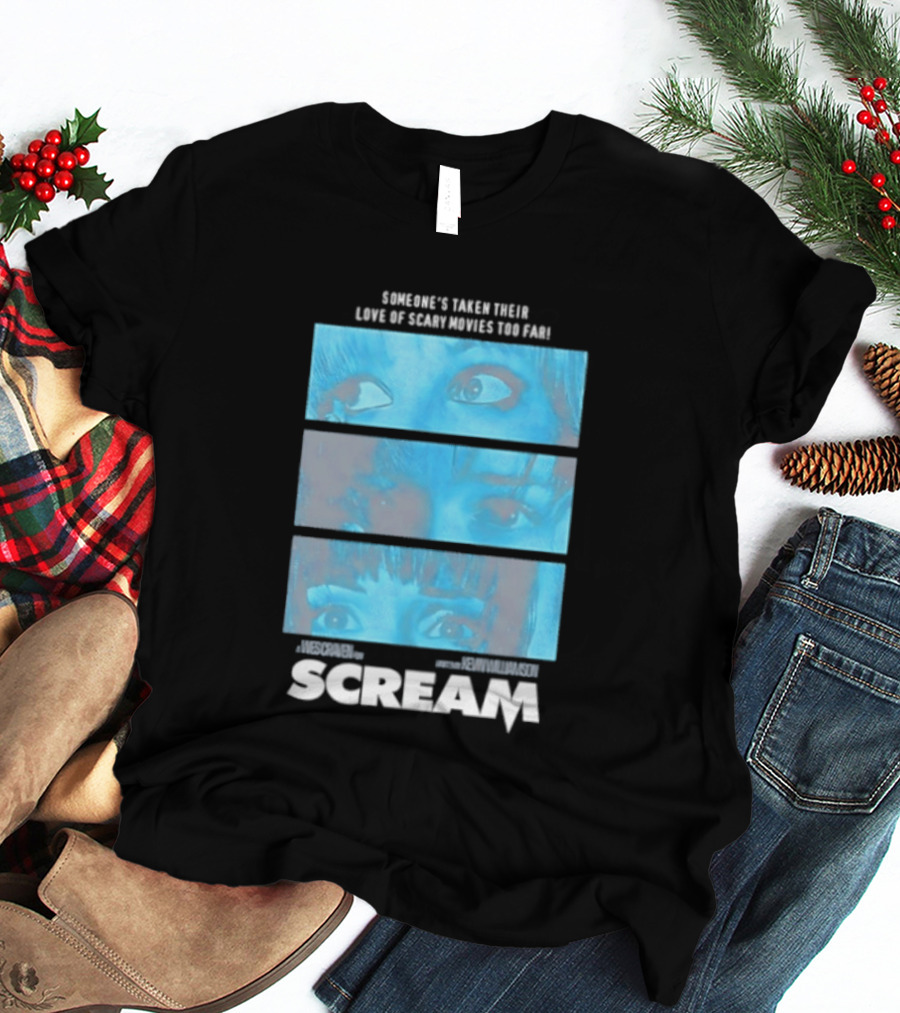 Someone's Taken Their Love Of Scary Movies Too Far Scream Eyes Dramatic Blue Panels T-Shirt