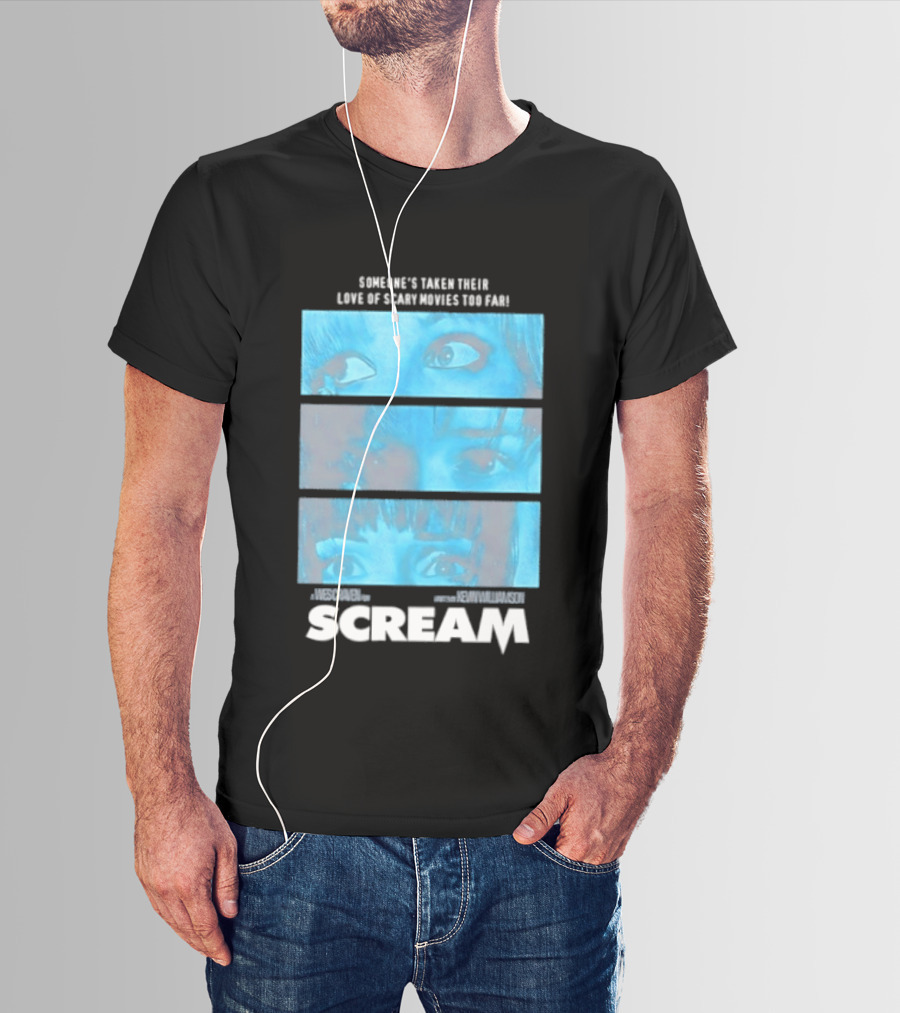 Someone's Taken Their Love Of Scary Movies Too Far Scream Eyes Dramatic Blue Panels T-Shirt