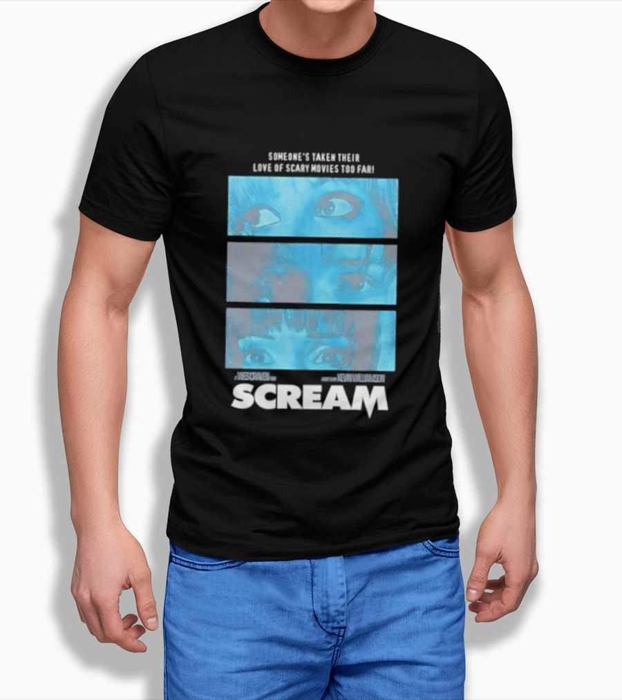 Someone's Taken Their Love Of Scary Movies Too Far Scream Eyes Dramatic Blue Panels T-Shirt