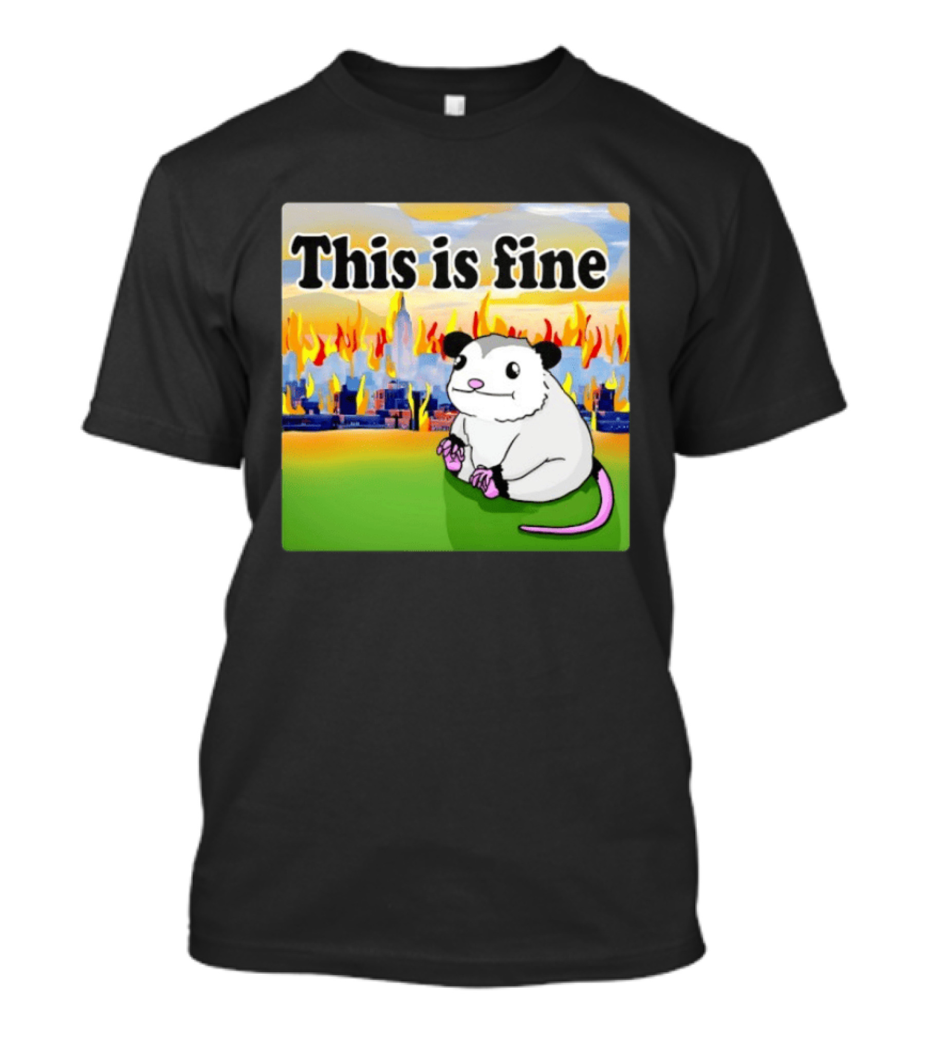 This Is Fine Opossum New York City NYC Urban Skyline Flames T-Shirt