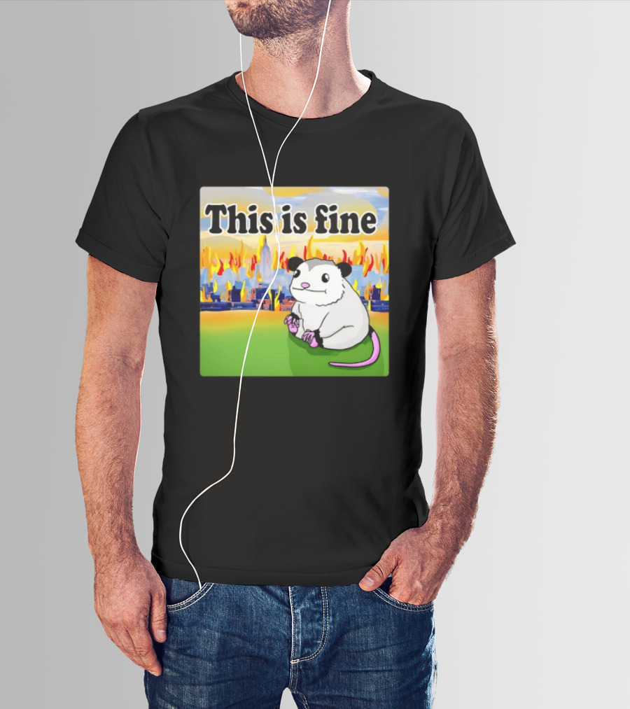 This Is Fine Opossum New York City NYC Urban Skyline Flames T-Shirt