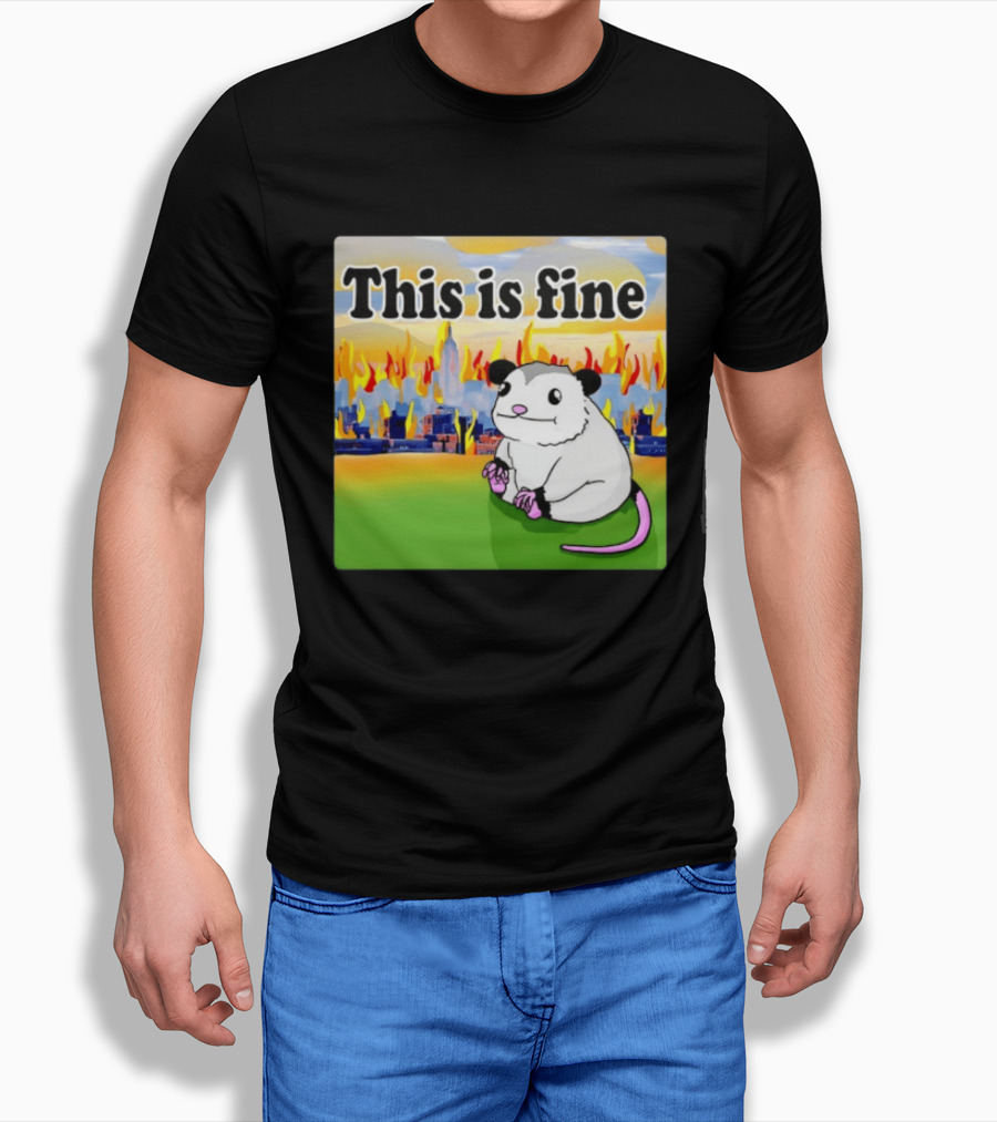 This Is Fine Opossum New York City NYC Urban Skyline Flames T-Shirt