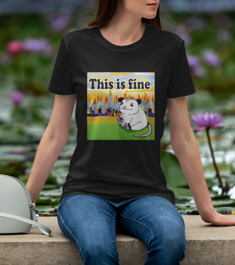 This Is Fine Opossum New York City NYC Urban Skyline Flames T-Shirt