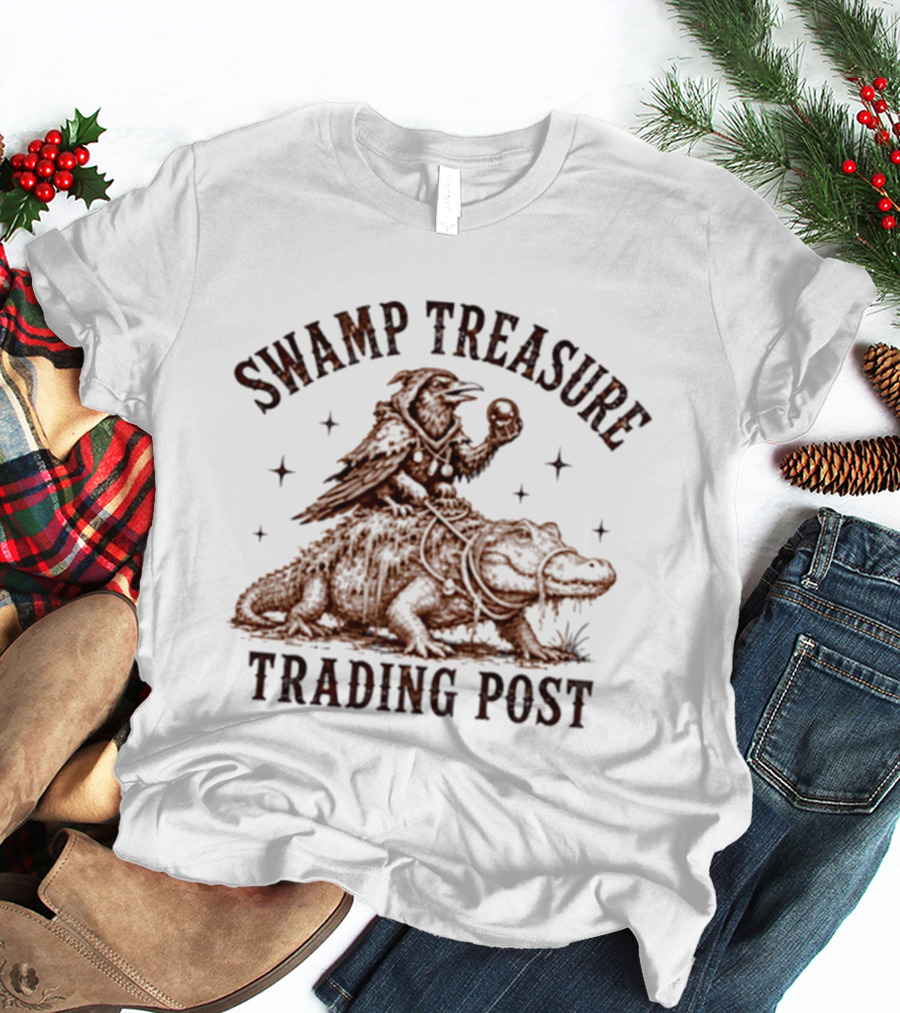 Swamp Treasure Trading Post Raven And Alligator Adventure Scene T-Shirt
