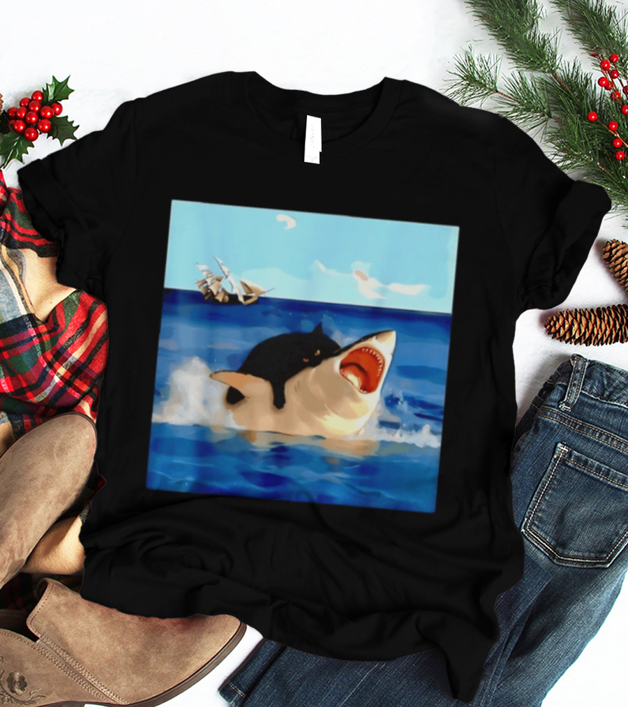 Black Cat Riding Great White Shark With Ocean And Sailing Ship T-Shirt