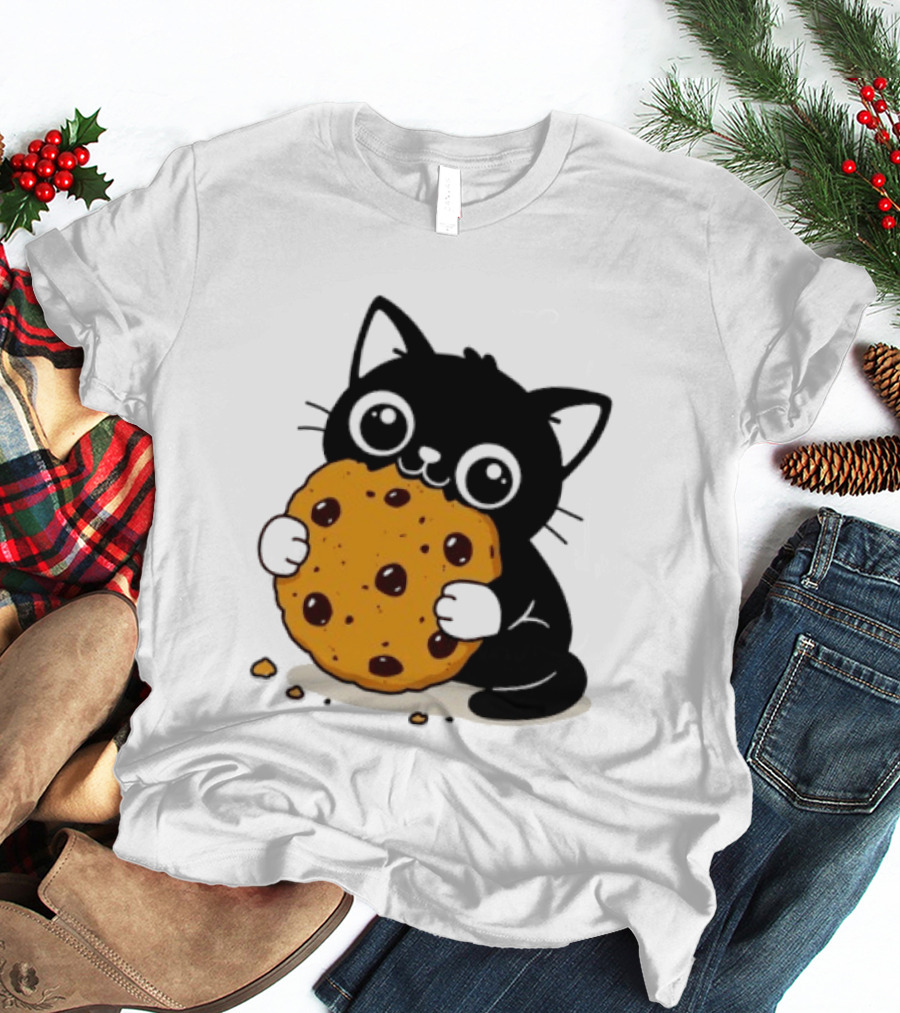 Black Cat Holding Chocolate Chip Cookie T-Shirt
