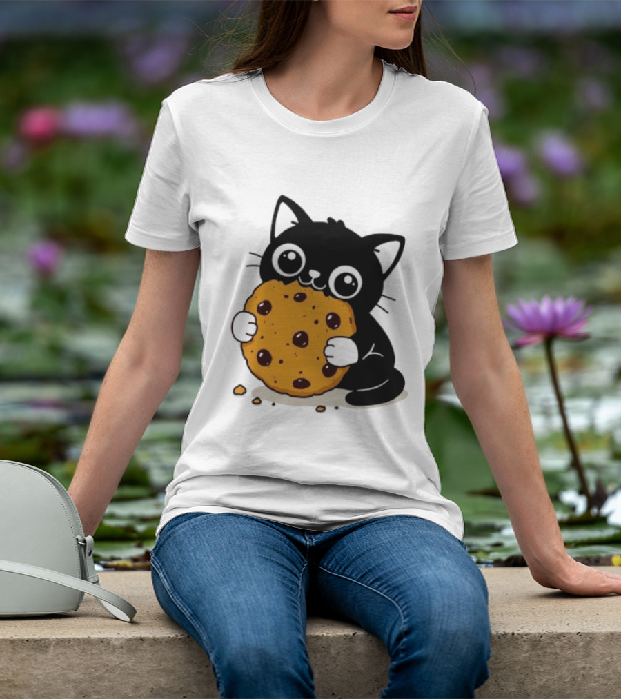Black Cat Holding Chocolate Chip Cookie T-Shirt