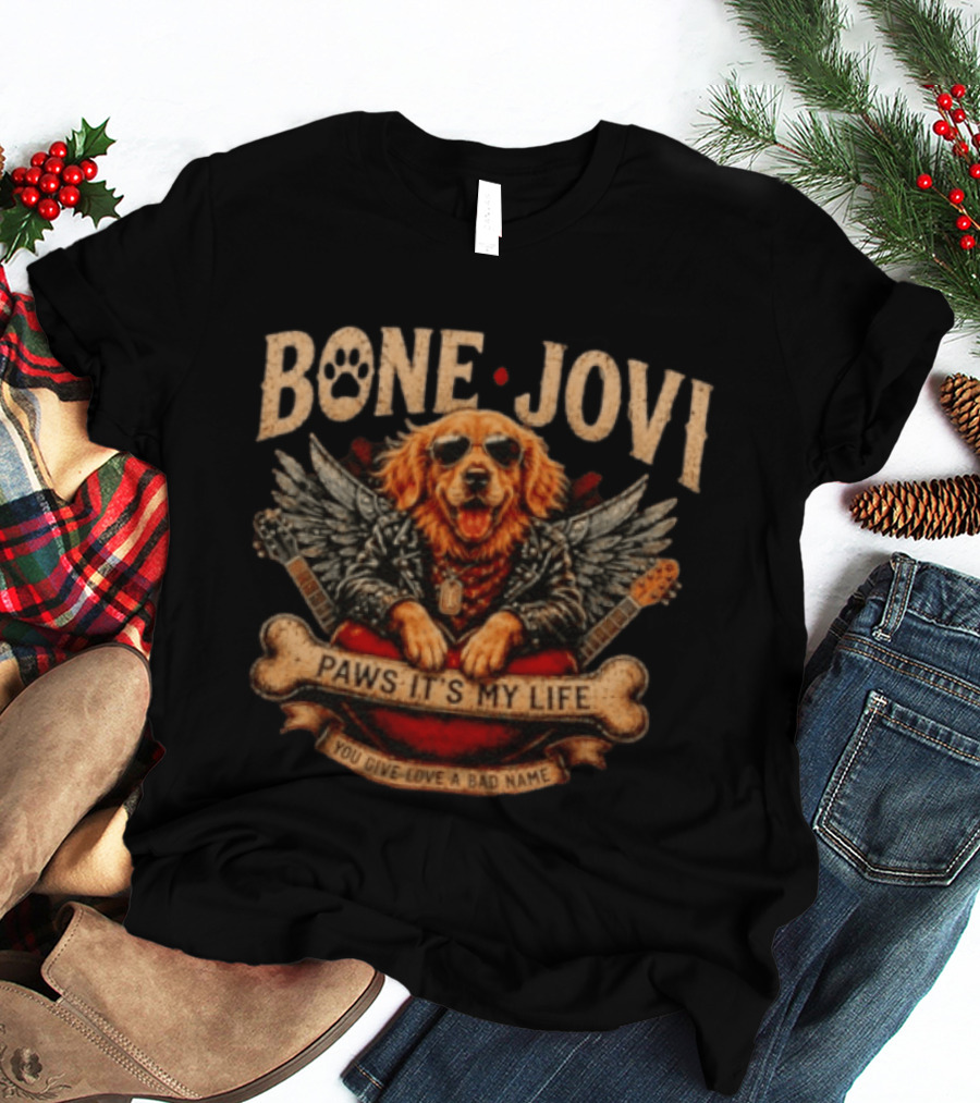 Bone Jovi Paws It's My Life You Give Love A Bad Name Golden Retriever Wings Guitar T-Shirt