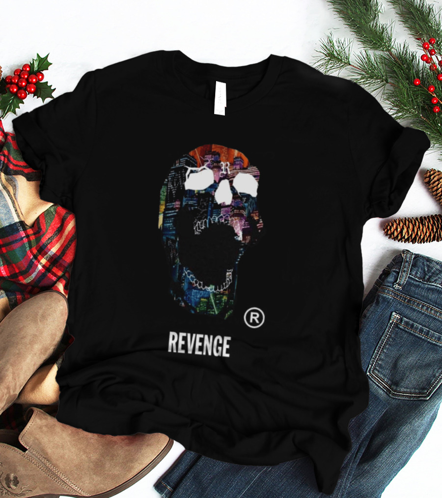 Revenge Neon Skull Cityscape Lights Black T-Shirt