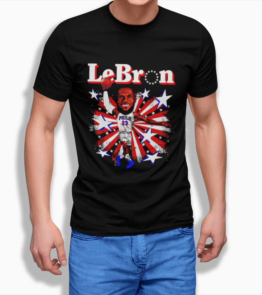 LeBron Stars PH 23 Basketball Caricature 76ers Red White Blue T-Shirt