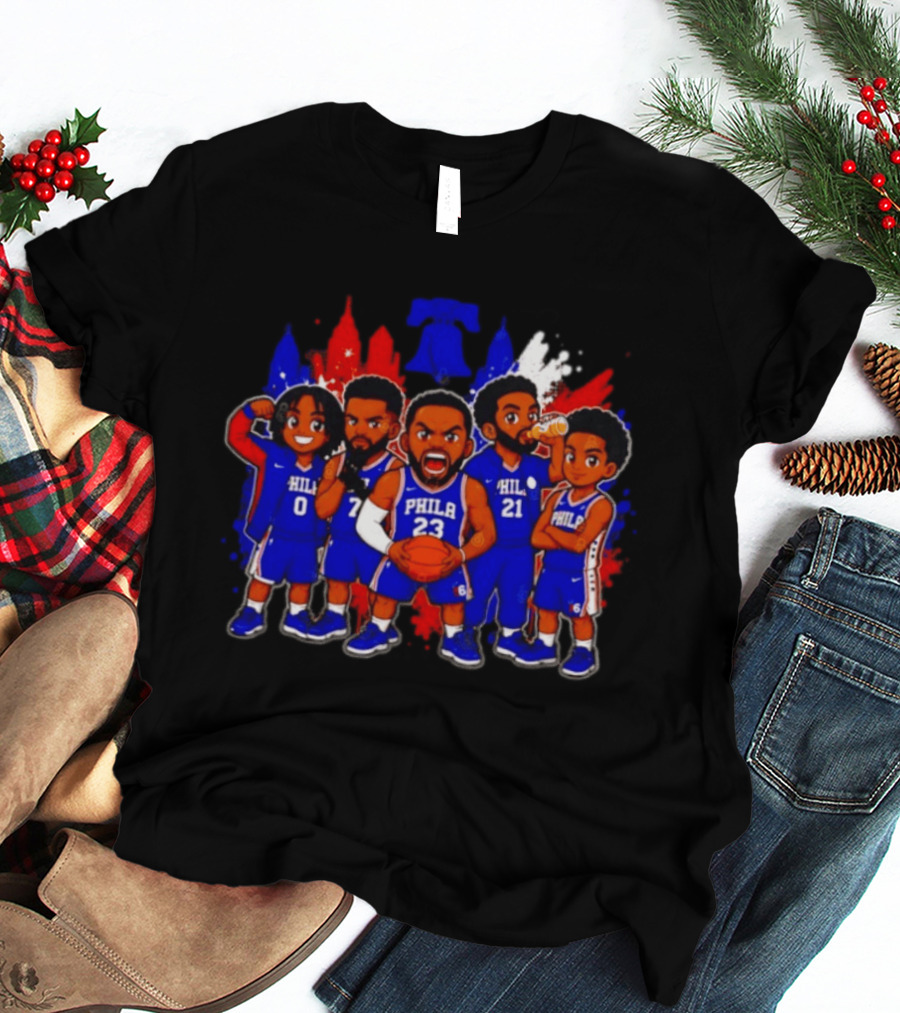 Philadelphia 76ers Cartoon Players With Liberty Bell Skyline T-Shirt