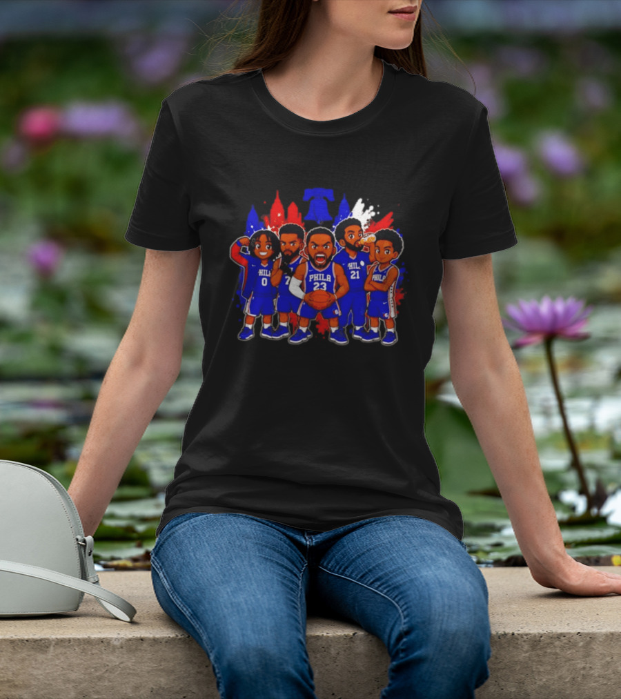 Philadelphia 76ers Cartoon Players With Liberty Bell Skyline T-Shirt