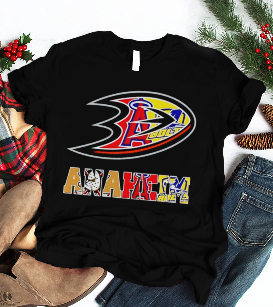 Anaheim Ducks Los Angeles Angels Anaheim Bolts Collage Anaheim Text And Logos T-Shirt