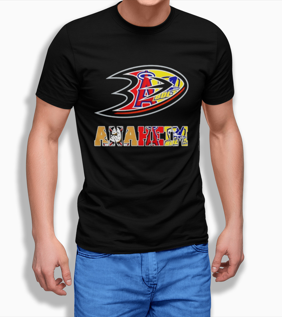 Anaheim Ducks Los Angeles Angels Anaheim Bolts Collage Anaheim Text And Logos T-Shirt