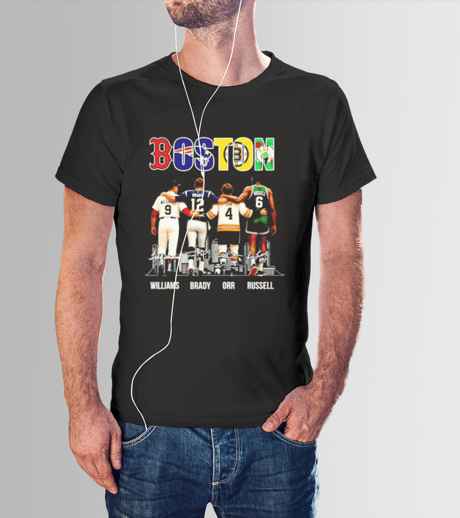 Boston Red Sox Patriots Bruins Celtics Williams Brady Orr Russell T-Shirt
