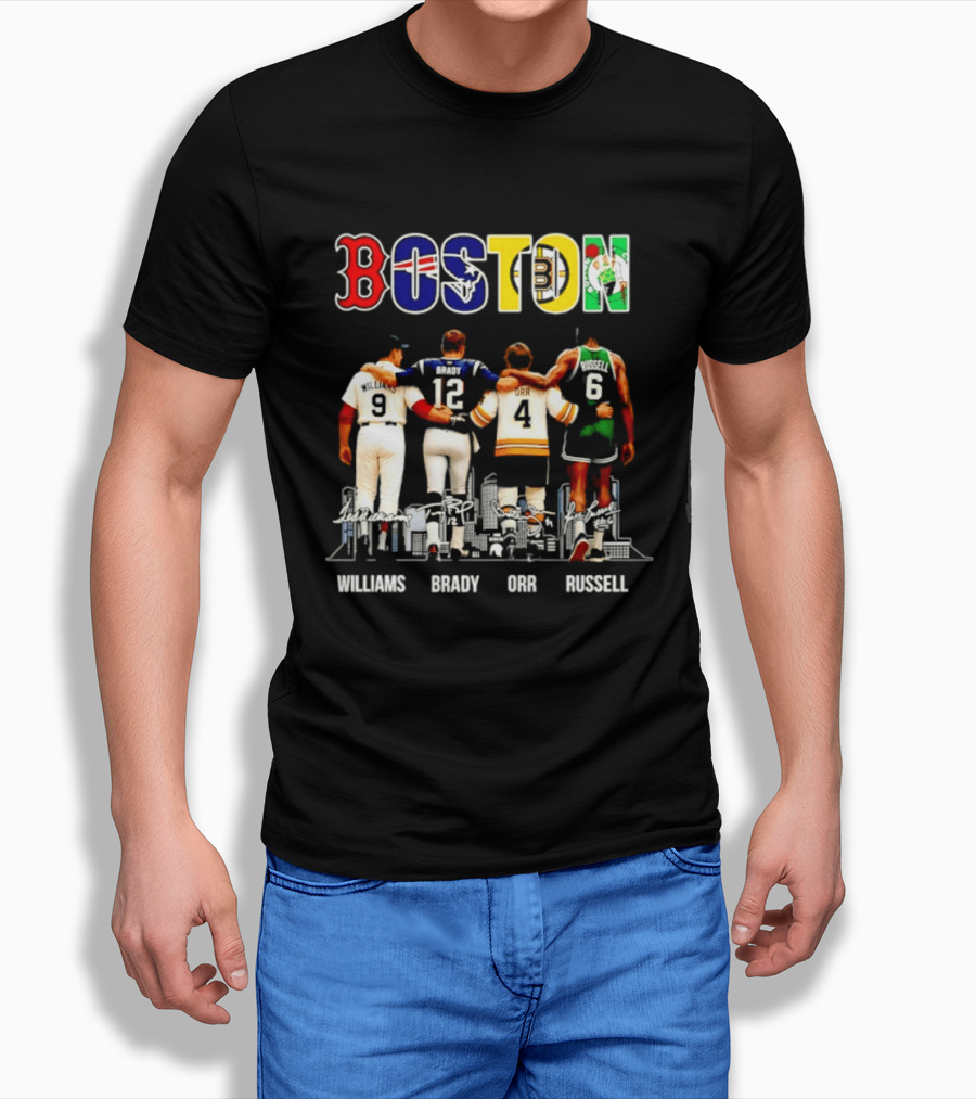 Boston Red Sox Patriots Bruins Celtics Williams Brady Orr Russell T-Shirt